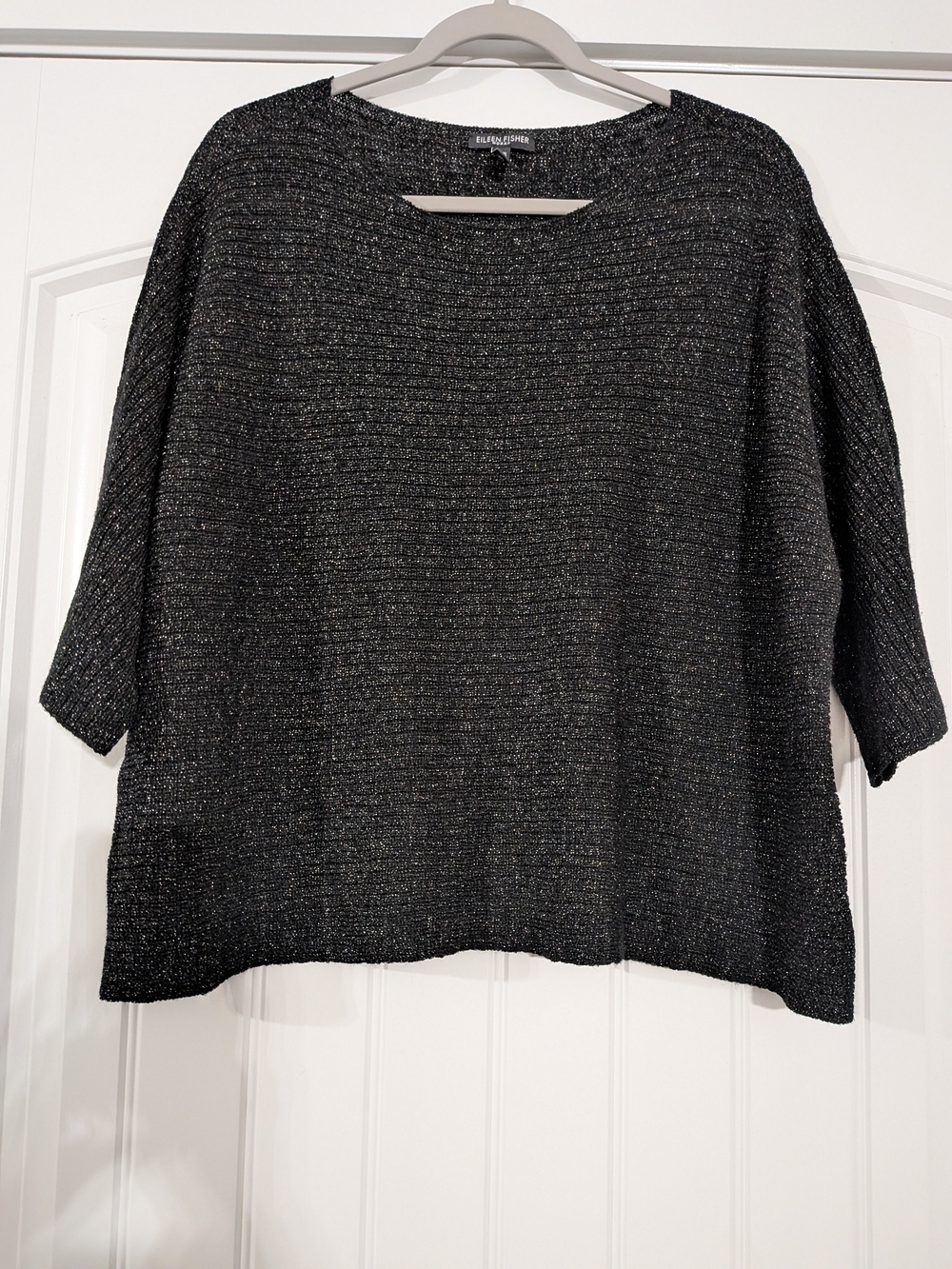 Eileen Fisher Black Merino Wool Shimmer Metallic Knit Boatneck Boxy Sweater